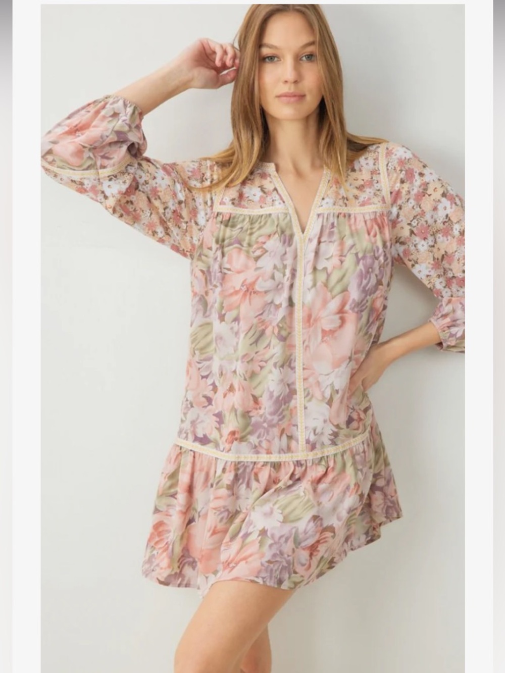 Amanda Moore- long sleeve mixed floral print mini dress